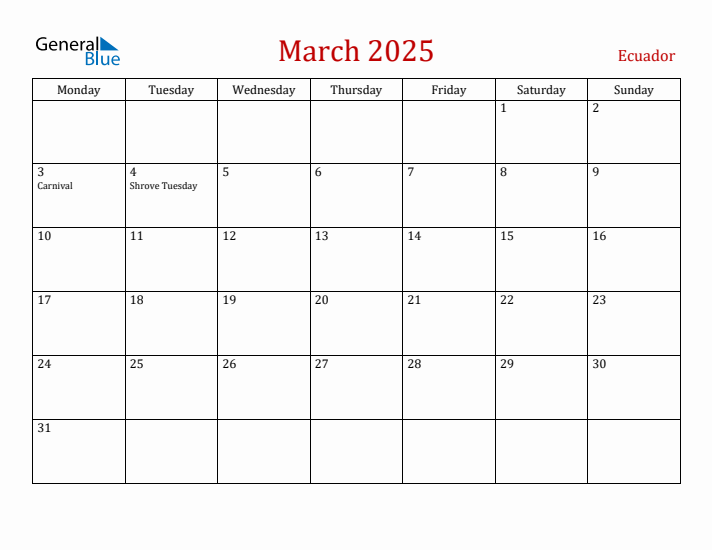 Ecuador March 2025 Calendar - Monday Start