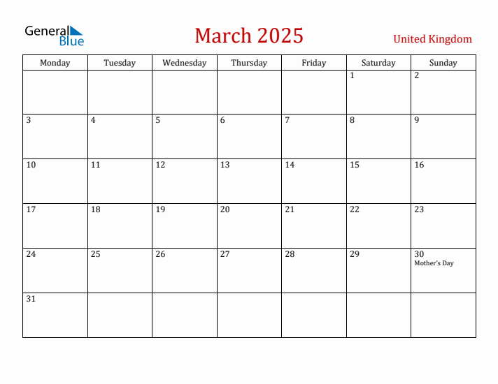 United Kingdom March 2025 Calendar - Monday Start