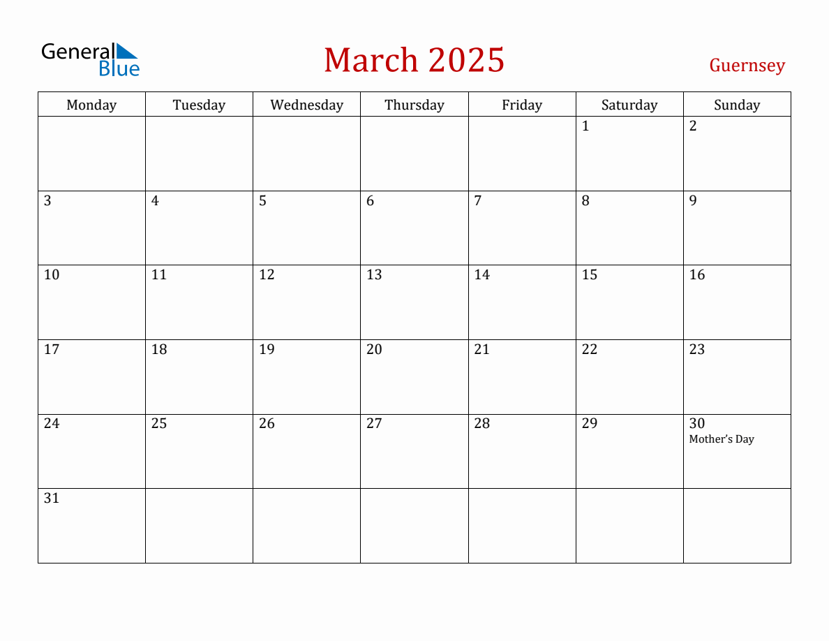 March 2025 Guernsey Monthly Calendar with Holidays