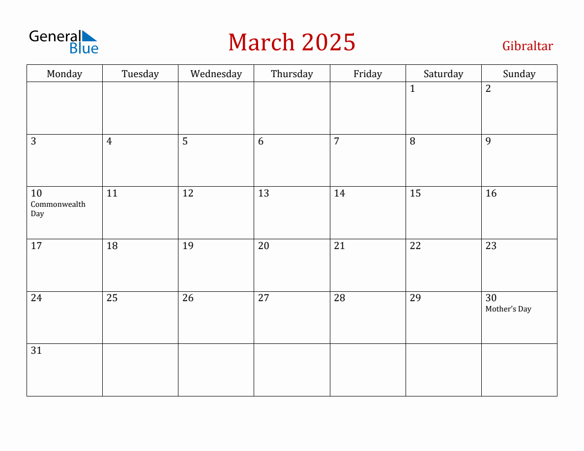 March 2025 Gibraltar Monthly Calendar with Holidays