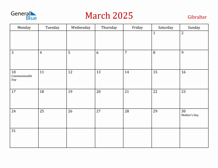 Gibraltar March 2025 Calendar - Monday Start