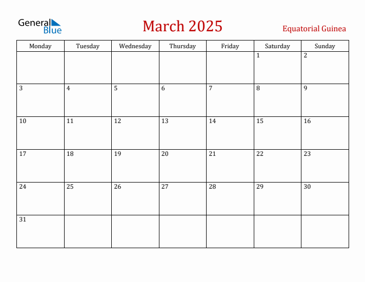 Equatorial Guinea March 2025 Calendar - Monday Start