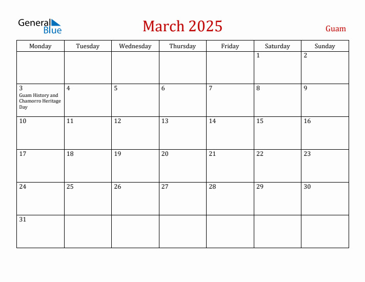 Guam March 2025 Calendar - Monday Start