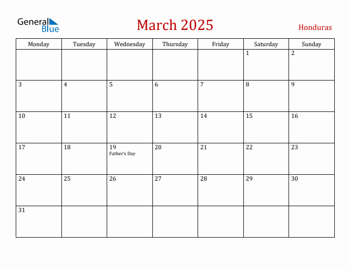Honduras March 2025 Calendar - Monday Start