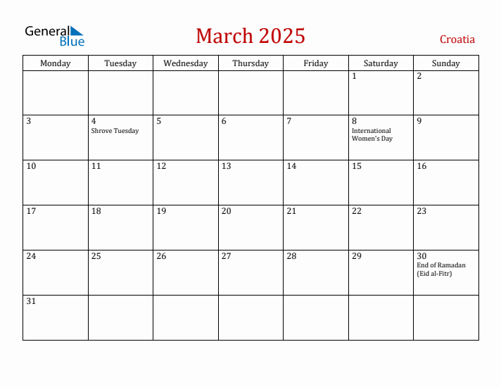 Croatia March 2025 Calendar - Monday Start