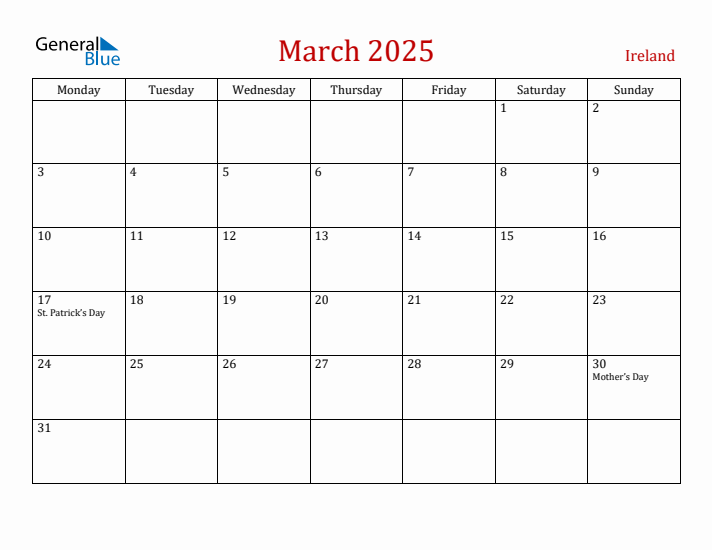 Ireland March 2025 Calendar - Monday Start
