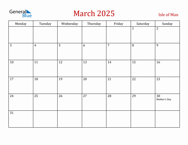 Isle of Man March 2025 Calendar - Monday Start