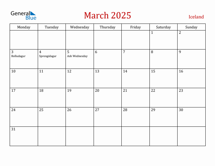 Iceland March 2025 Calendar - Monday Start