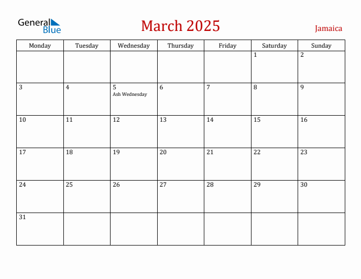 Jamaica March 2025 Calendar - Monday Start
