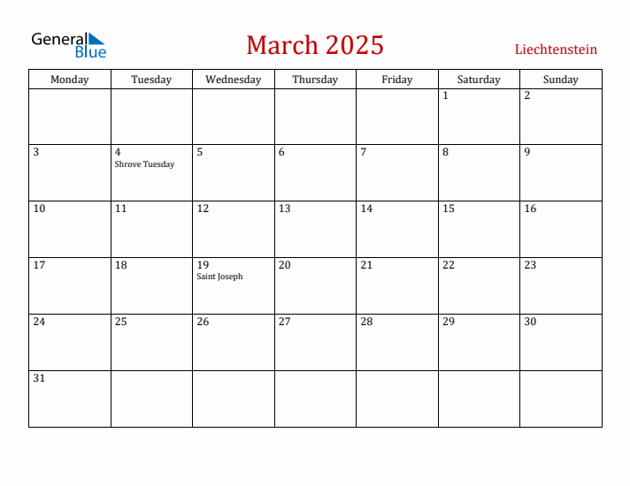 Liechtenstein March 2025 Calendar - Monday Start