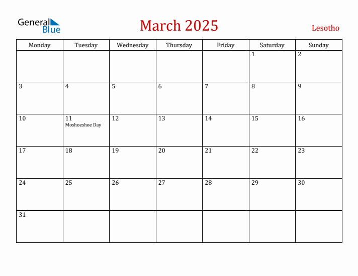 Lesotho March 2025 Calendar - Monday Start