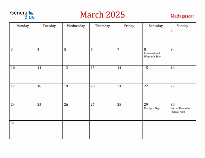 Madagascar March 2025 Calendar - Monday Start