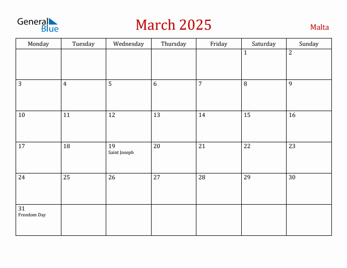 Malta March 2025 Calendar - Monday Start