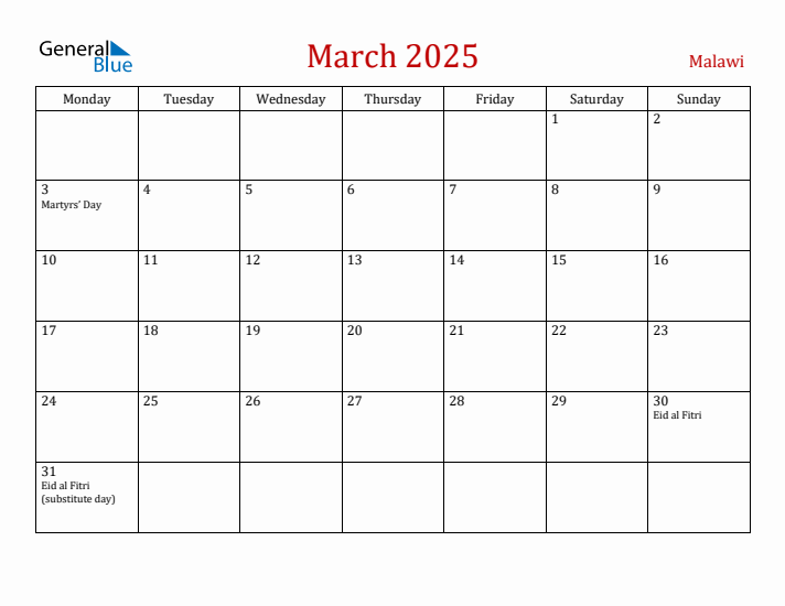Malawi March 2025 Calendar - Monday Start