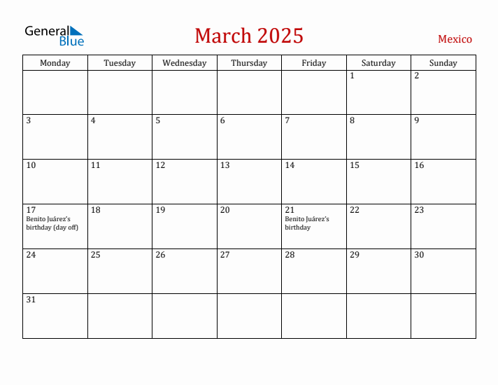 Mexico March 2025 Calendar - Monday Start