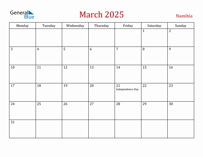 Namibia March 2025 Calendar - Monday Start