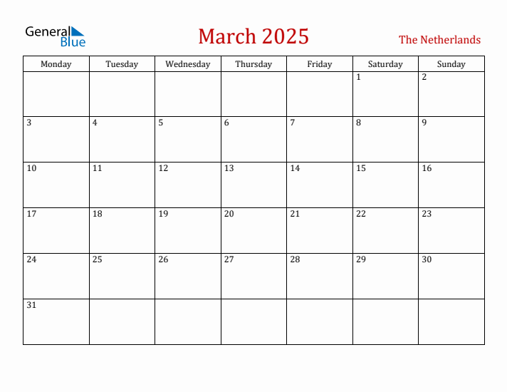 The Netherlands March 2025 Calendar - Monday Start