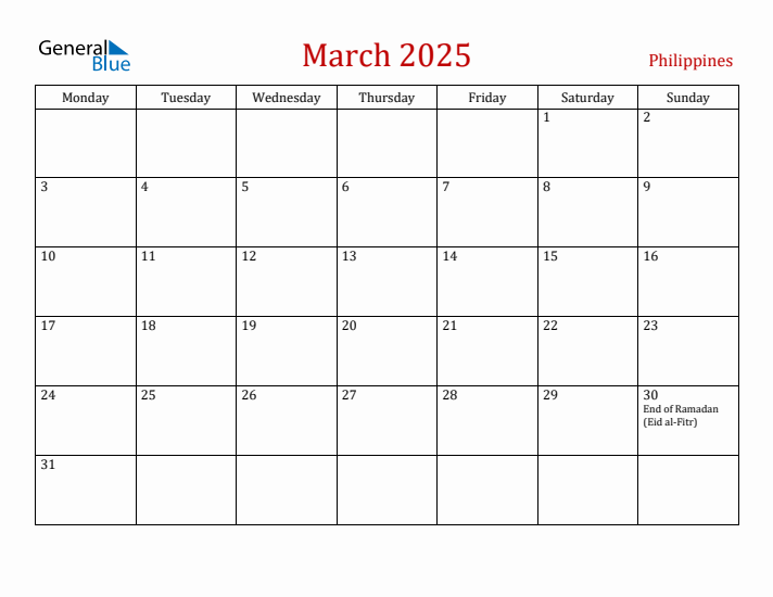 Philippines March 2025 Calendar - Monday Start