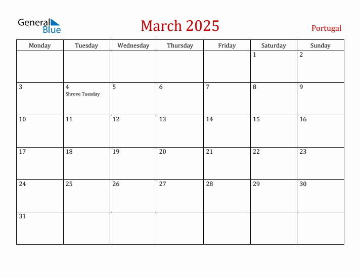 Portugal March 2025 Calendar - Monday Start