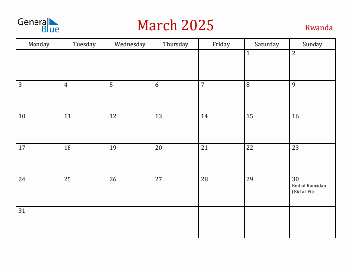 Rwanda March 2025 Calendar - Monday Start