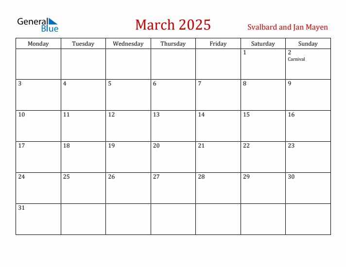 Svalbard and Jan Mayen March 2025 Calendar - Monday Start