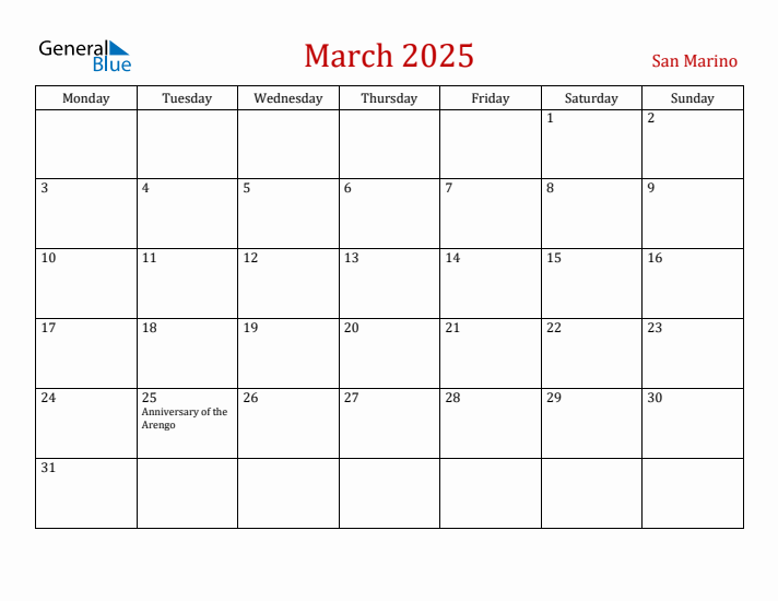 San Marino March 2025 Calendar - Monday Start