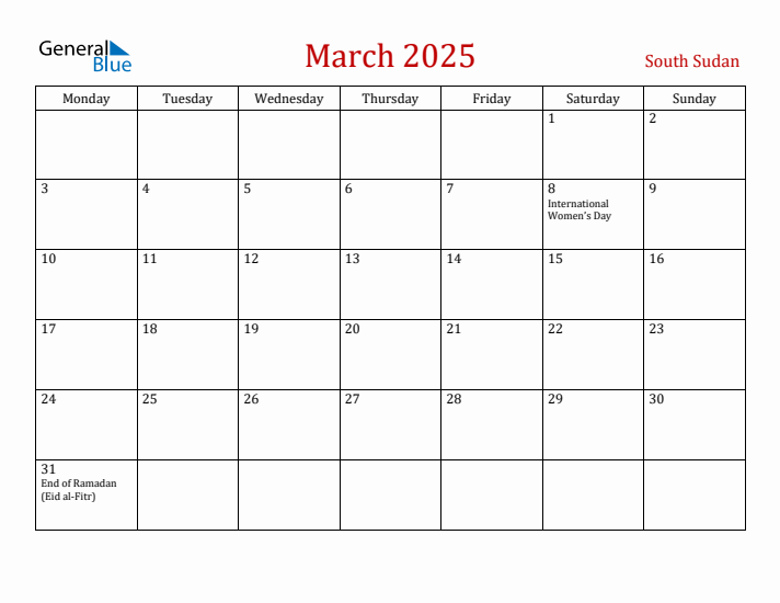 South Sudan March 2025 Calendar - Monday Start