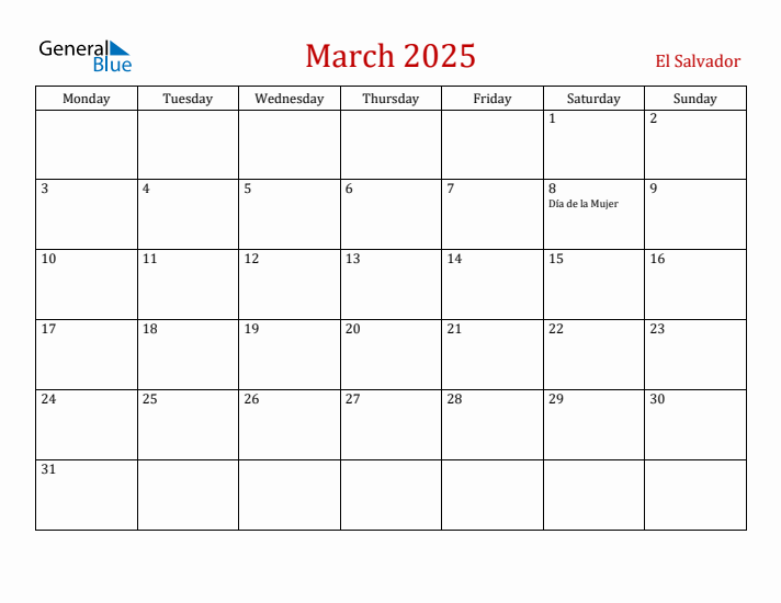 El Salvador March 2025 Calendar - Monday Start