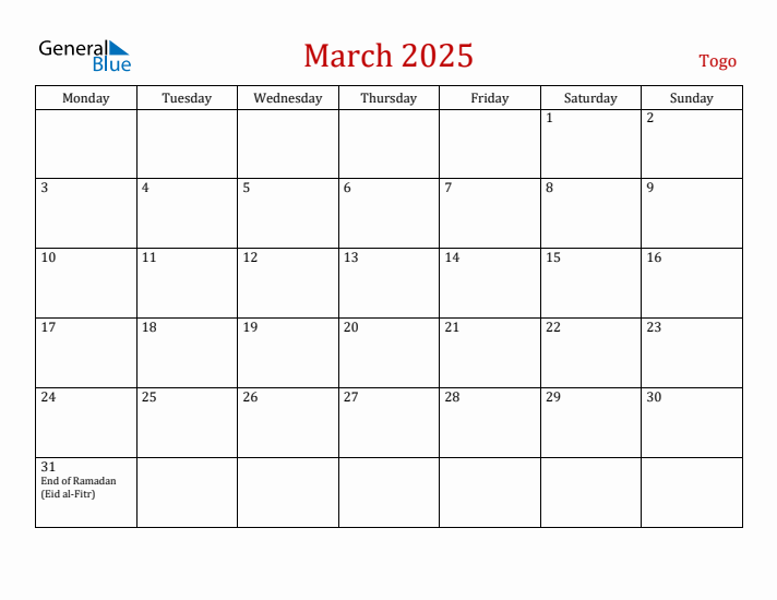 Togo March 2025 Calendar - Monday Start