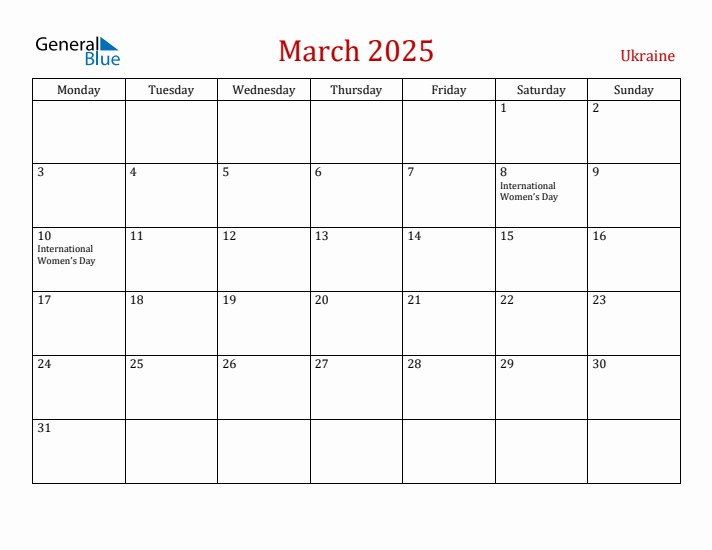 Ukraine March 2025 Calendar - Monday Start