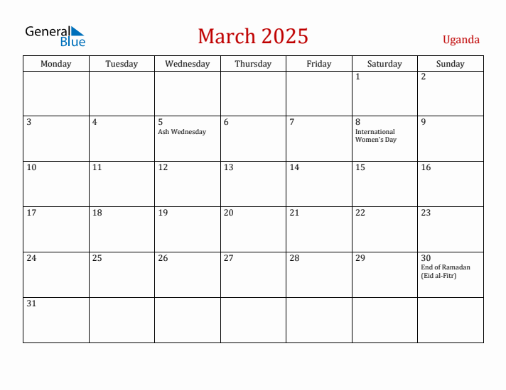 Uganda March 2025 Calendar - Monday Start