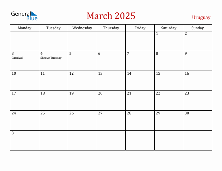 Uruguay March 2025 Calendar - Monday Start