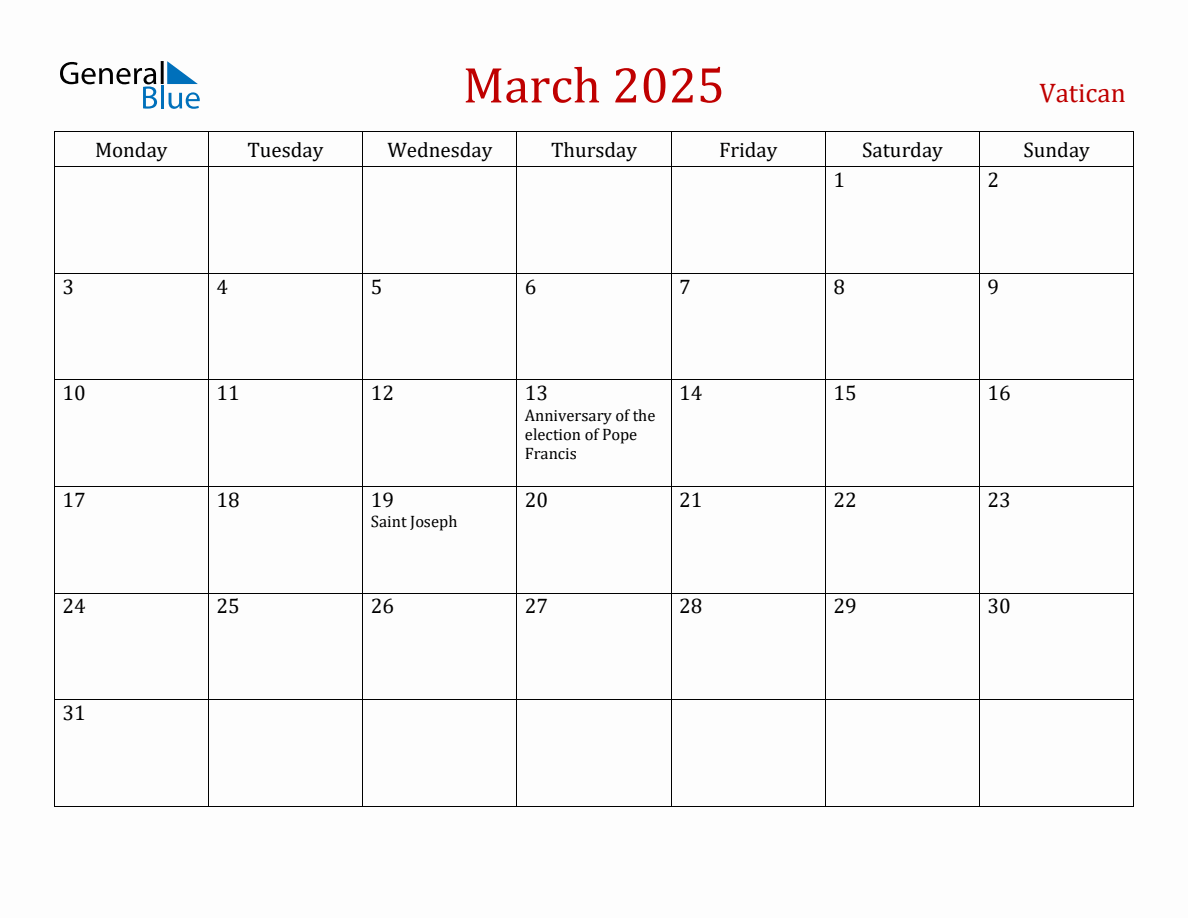 March 2025 Vatican Monthly Calendar with Holidays