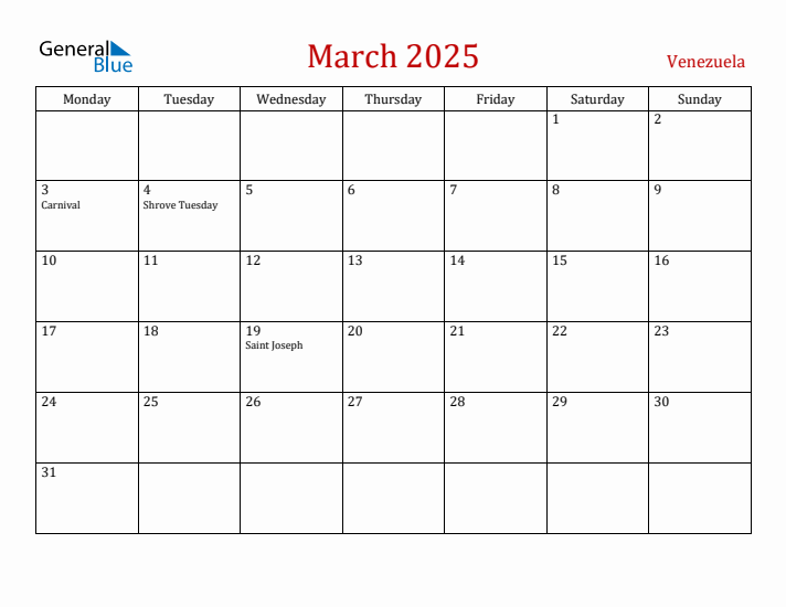 Venezuela March 2025 Calendar - Monday Start