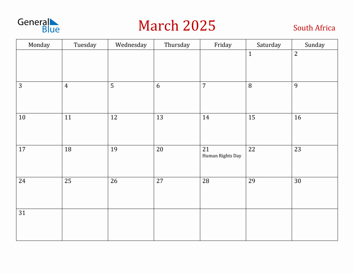 March 2025 South Africa Monthly Calendar with Holidays