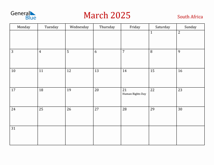 South Africa March 2025 Calendar - Monday Start