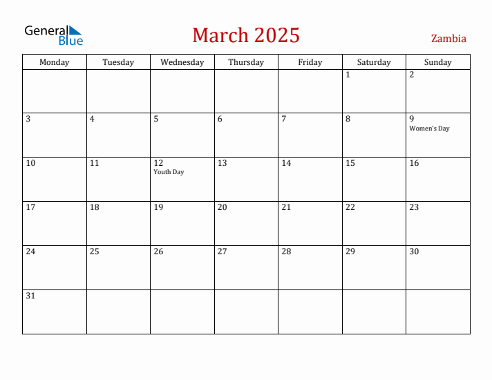 March 2025 Zambia Monthly Calendar with Holidays