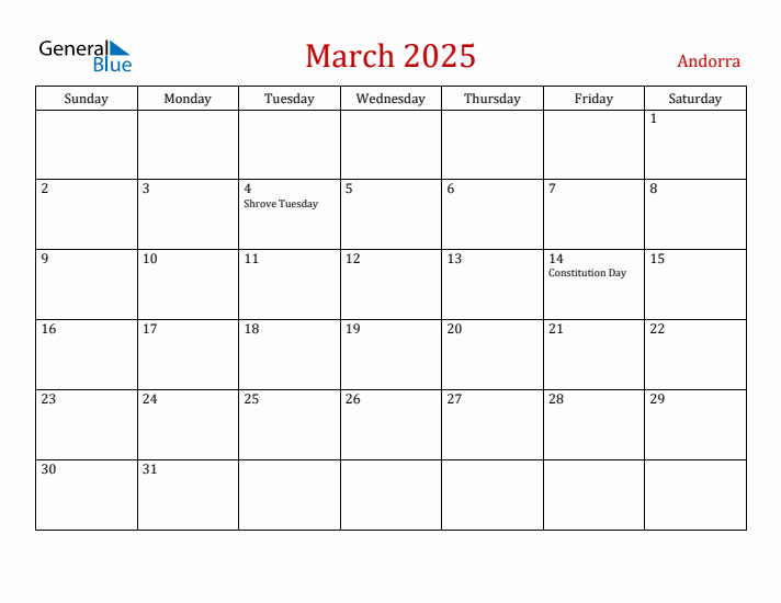 Andorra March 2025 Calendar - Sunday Start