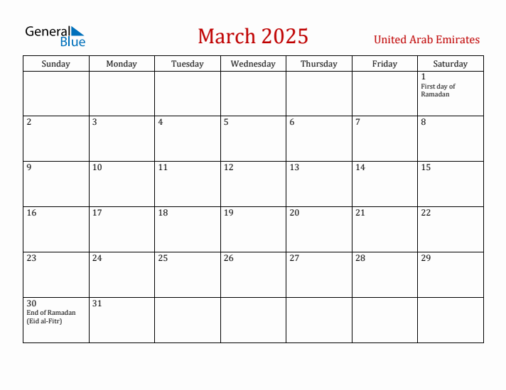 United Arab Emirates March 2025 Calendar - Sunday Start