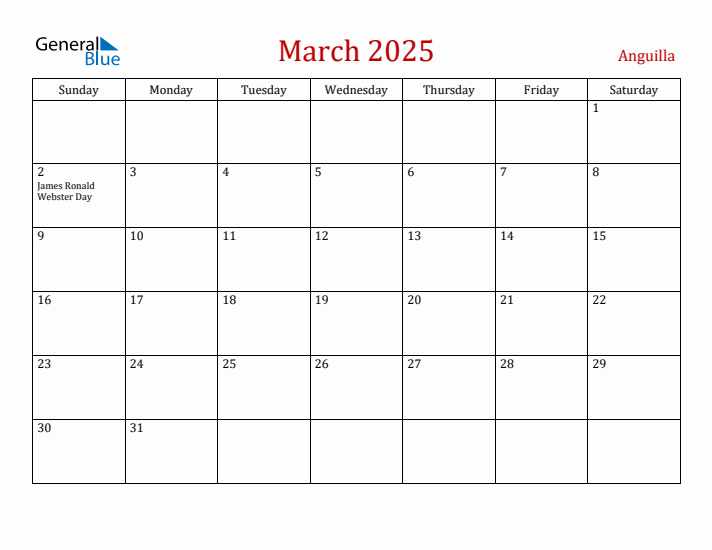 Anguilla March 2025 Calendar - Sunday Start