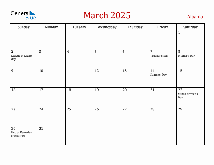 Albania March 2025 Calendar - Sunday Start
