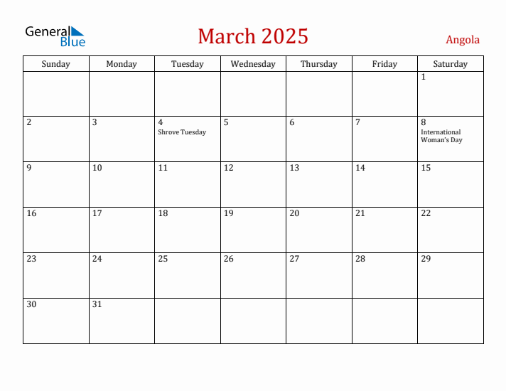 Angola March 2025 Calendar - Sunday Start