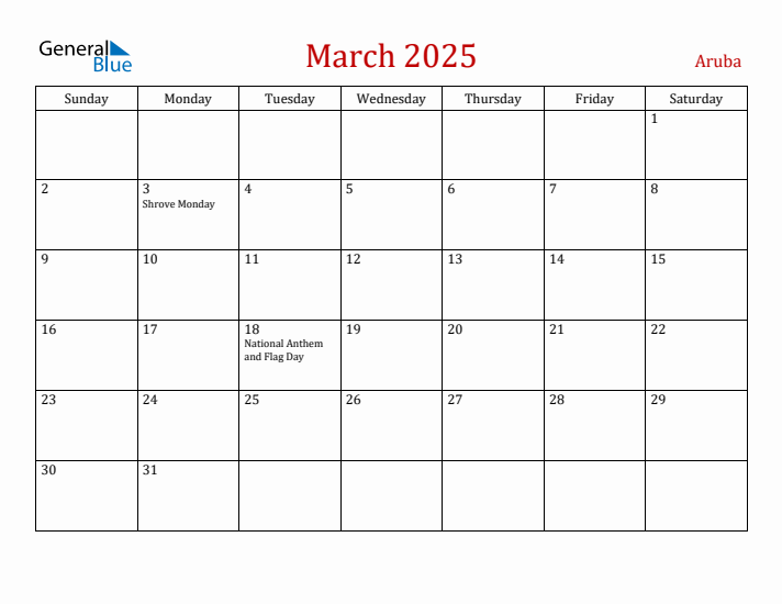 Aruba March 2025 Calendar - Sunday Start