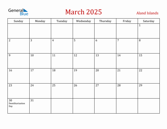 Aland Islands March 2025 Calendar - Sunday Start
