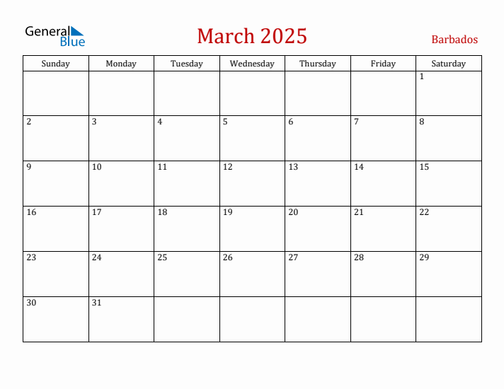 March 2025 Barbados Monthly Calendar with Holidays