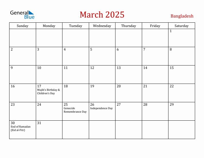 Bangladesh March 2025 Calendar - Sunday Start