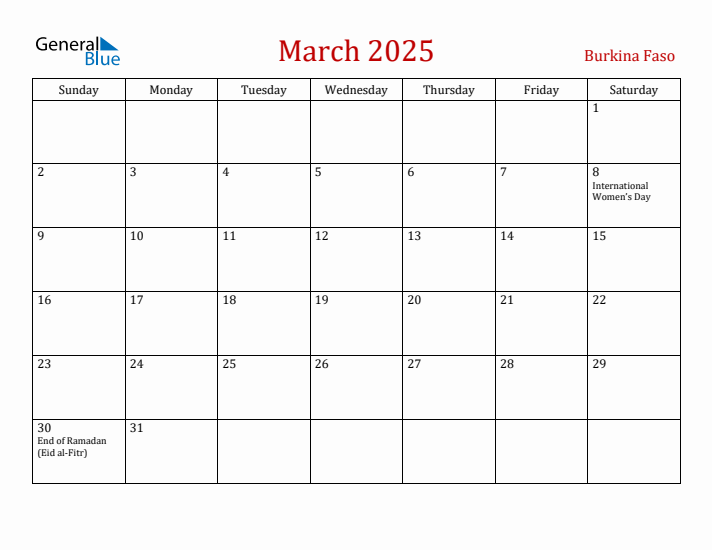 Burkina Faso March 2025 Calendar - Sunday Start