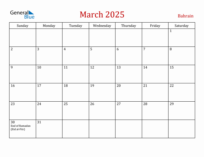 Bahrain March 2025 Calendar - Sunday Start