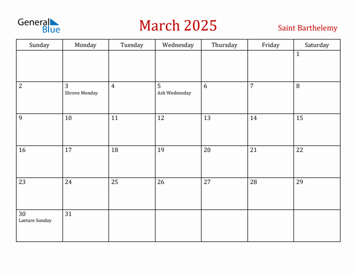 Saint Barthelemy March 2025 Calendar - Sunday Start