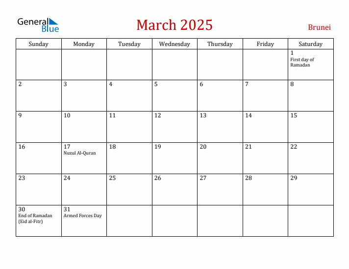 Brunei March 2025 Calendar - Sunday Start